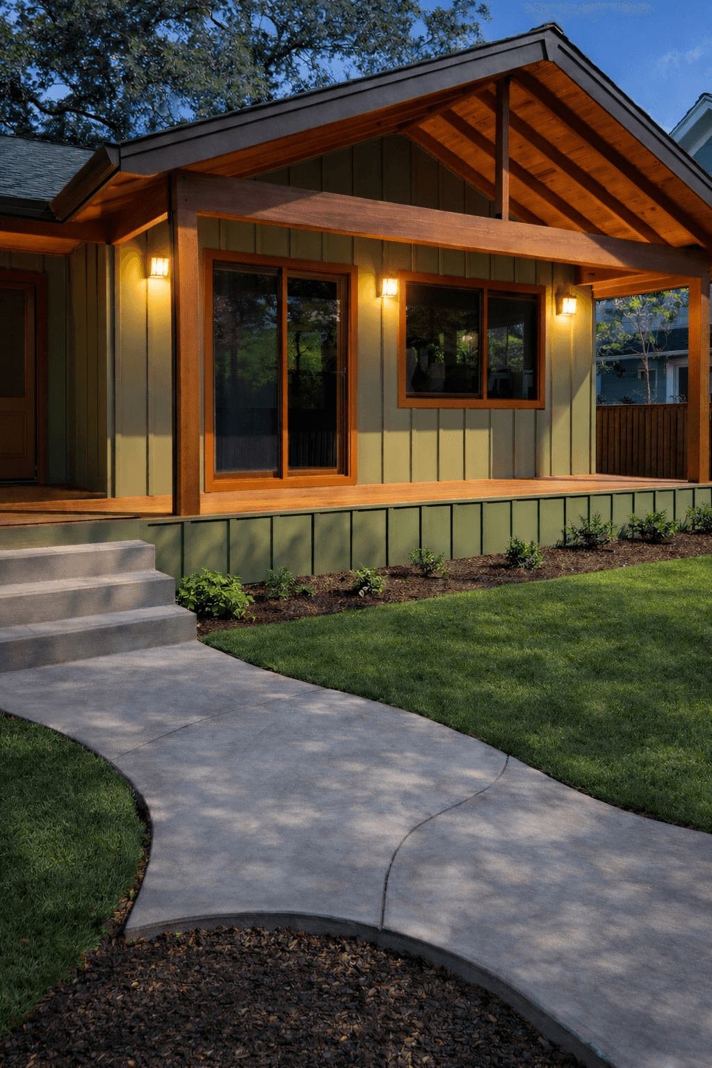 Completed community center exterior with sage board-and-batten siding and a timber-framed cedar entry porch at dusk