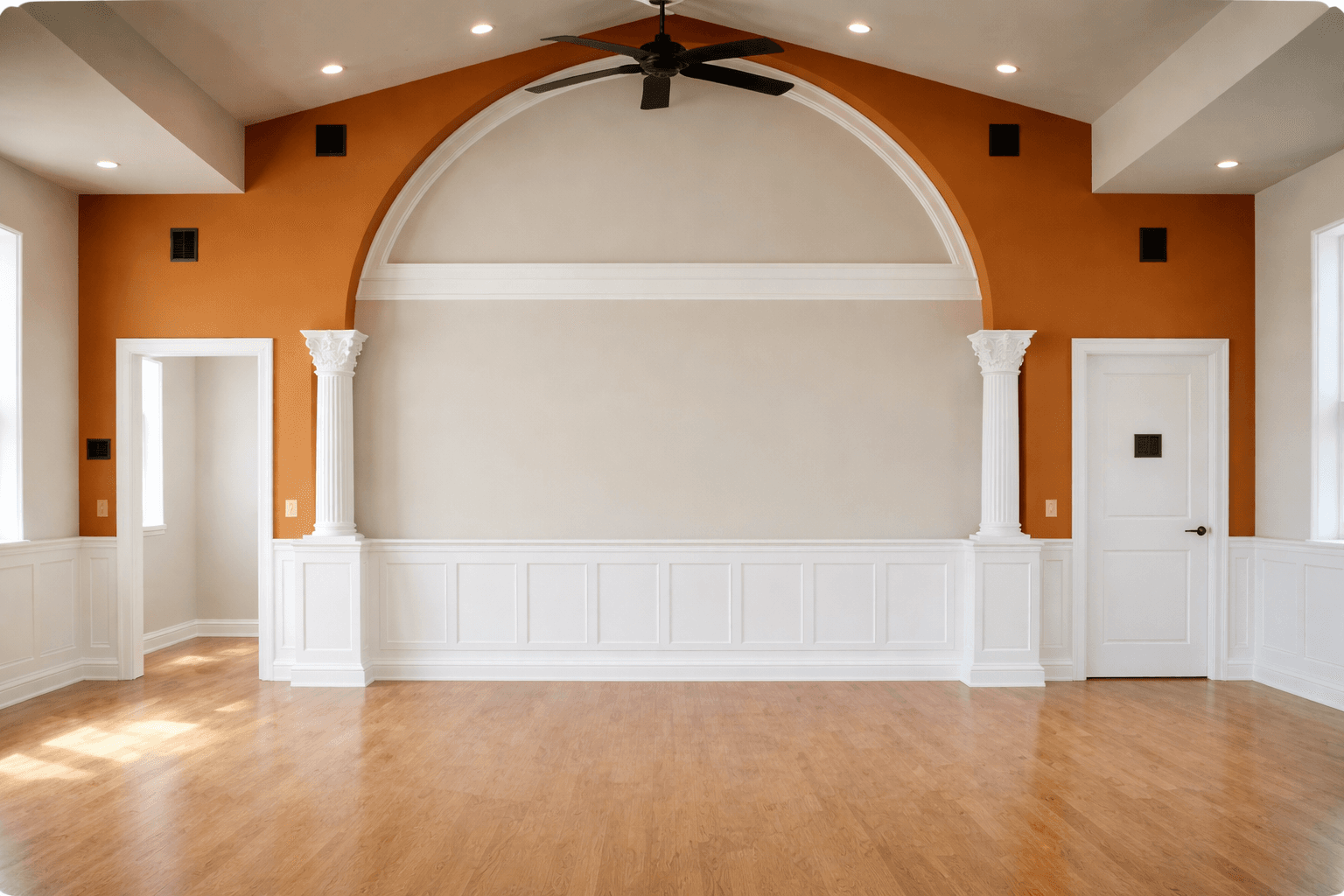 Finished community center hall with exposed timber ceiling