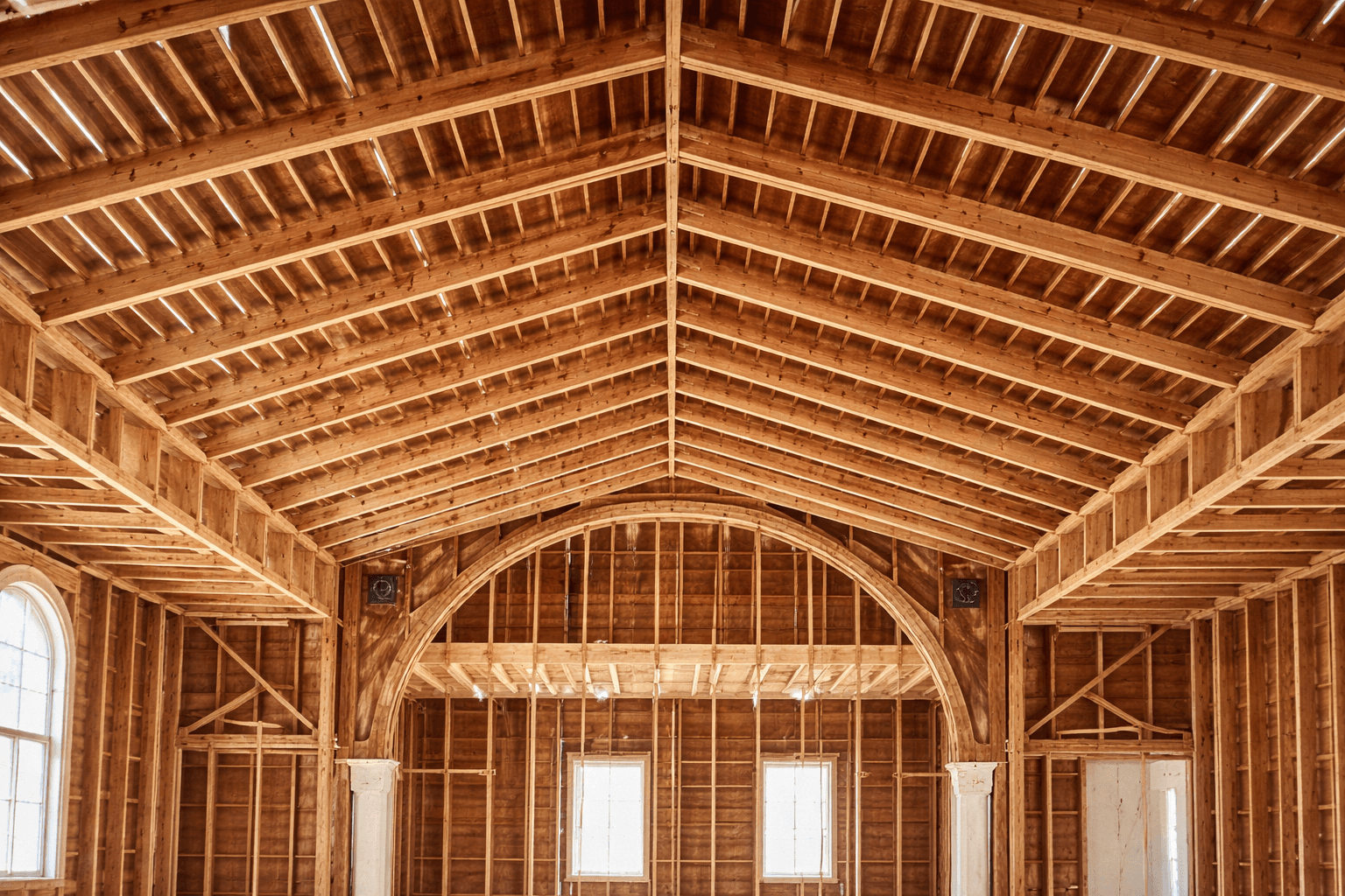 Community center roof framing during construction